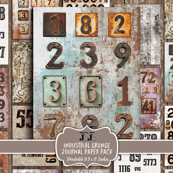 Grunge Numbers Junk Journal Papers, Industrial Printable Pages Pack, Digital Distressed Vintage Ephemera Kit,  Shabby Chic Scrapbook Bundle