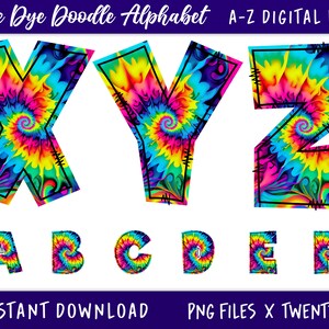 Regenbogen Tie Dye Alphabet PNG Bundle, Bunte Tie Dye Farbfüllung, TieDye, Muster Füllbuchstaben, Lustiges Kid Doodle Alphabet, Tie Die Letters