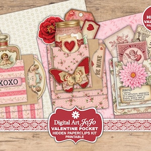 May include: A Valentine's Day themed printable kit with various paper elements. The kit includes tags, pockets, and decorative elements with cherubs, hearts, and floral patterns. The color palette is primarily pink, red, and cream, with the text "XOXO" and "Be Mine".