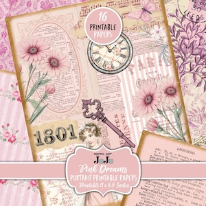 Rosa Junk Journal druckbare Papiere, Vintage Scrapbook Seiten, Portrait Papiere Collage Kit, digitaler Download, Shabby Chic Pack, florale Medien