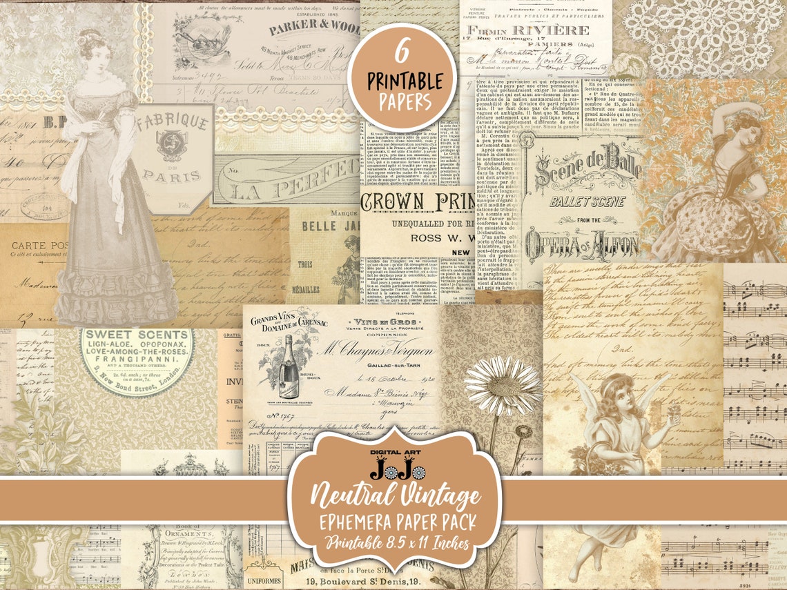 Empherma Script Paper Neutral Junk Journal Papers Kit, Ephemera Script Scrapbook Pages Set ...