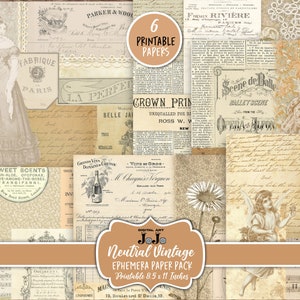 Kit de papeles para diario neutros, juego de páginas para álbumes de recortes con texto efímero, paquete de hojas de collage imprimibles en beige, descarga digital, arte de anuncios vintage