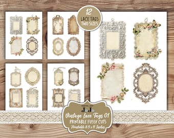 Etichette in pizzo vintage, forniture per diari spazzatura, kit di album shabby chic, set di abbellimenti per collage stampabili, pacchetto di etichette fai da te, artigianato con tagli pignoli