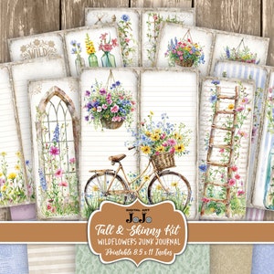 Feuilles imprimables pour journal indésirable, grande et maigre, fleurs sauvages sur papier numérique, kit floral de scrapbooking, téléchargement numérique, pages botaniques avec collage fin