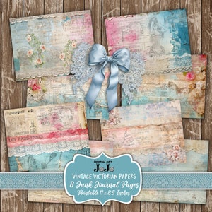 May include: Eight vintage Victorian style digital papers with a blue lace trim and a blue bow. The papers feature a variety of textures and patterns, including floral designs, music notes, and text. The papers are printable and measure 11 x 8.5 inches.