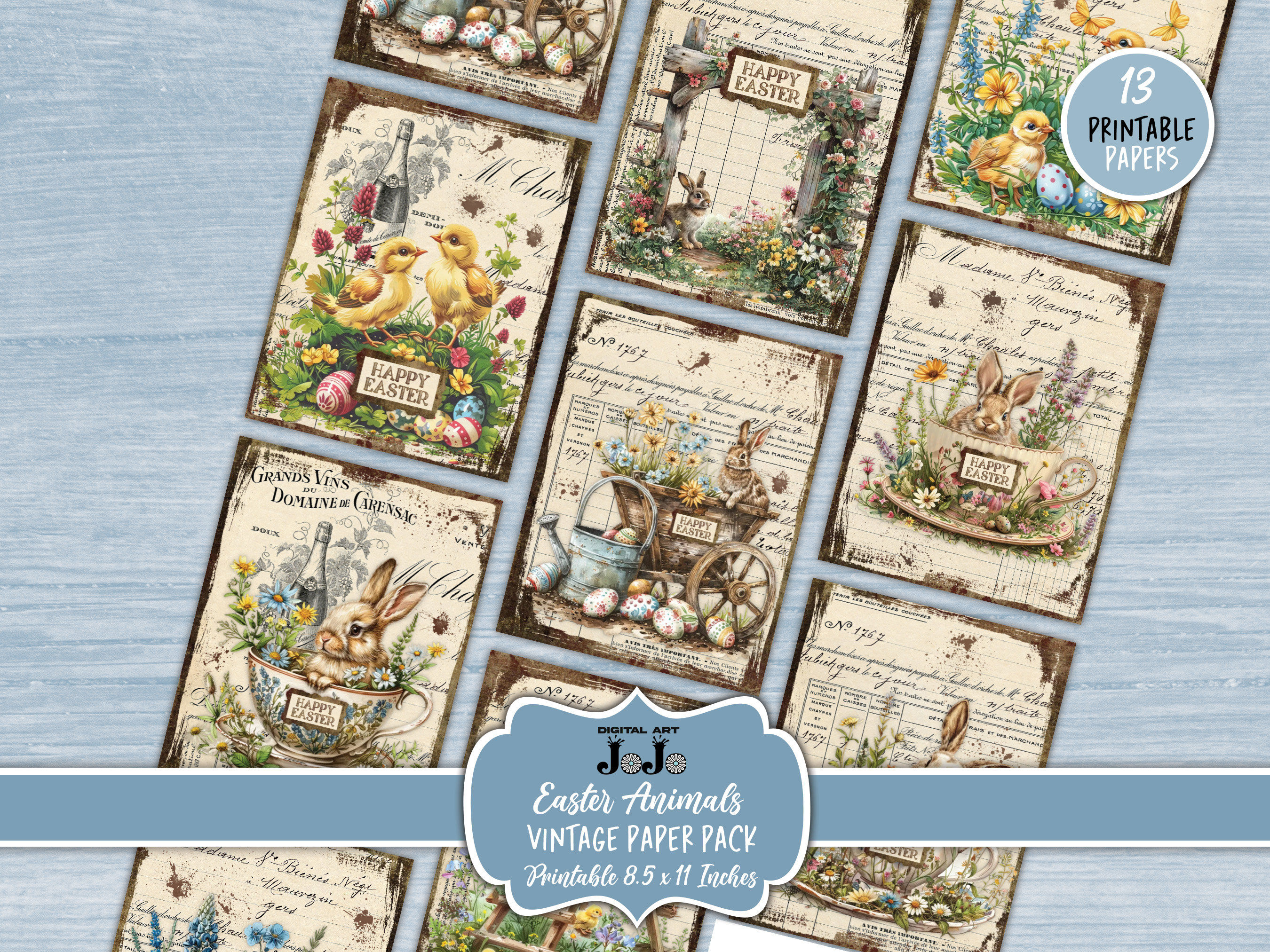 イースター ジャンク ジャーナル ページ キット、バニー スクラップブック ビンテージ ペーパー、花のコラージュ セット、デジタル  ダウンロード、印刷可能なエフェメラ パック、クラフト アニマル