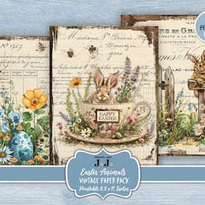 Kit de pages de journal indésirable de Pâques, papiers vintage de scrapbooking lapin, ensemble de collage floral, téléchargement numérique, pack imprimable éphémères, création d'animaux