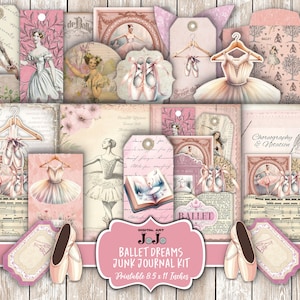 May include: A collection of pink and cream-colored ballet-themed ephemera, including tags, cards, and a small envelope. The designs feature illustrations of ballerinas, pointe shoes, and tutus. The text "Ballet Dreams Junk Journal Kit" is visible.