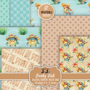 Funky Fish Printable Papers, Junk Journal Kit, Whimsical Scrapbook Sheets, Vintage Ocean Pages, Nature Collage,  Digital Download, Ephemera