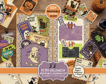 May include: A Retro Halloween printable journal kit with various ephemera and papers. The kit includes tags, stamps, and journal cards with Halloween-themed graphics, such as ghosts, pumpkins, and black cats. The kit is 11 x 8.5 inches.