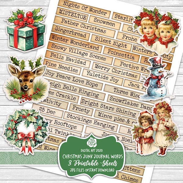 Christmas Junk Journal Word Labels, Winter Scrapbook Printable Digital Quotes, Collage Xmas Phrase Kit, Ephemera Digi Words Bundle, Stickers