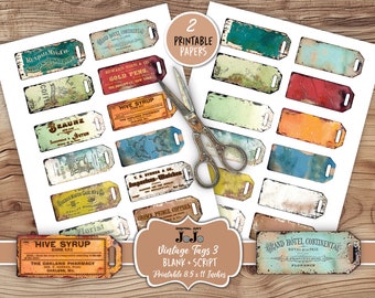 Etiquetas vintage do Junk Journal, etiquetas de álbuns de recortes desgastados, enfeites vintage para impressão, kit de coisas efêmeras antigas, papéis de colagem, download digital