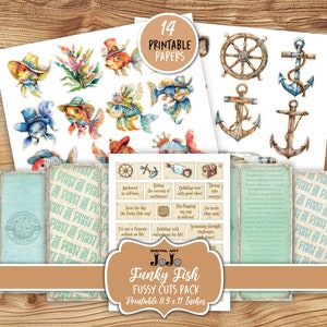 Kit de coupes difficiles de poisson funky, éphémères de journal indésirable, complément lunatique de scrapbooking, travaux manuels vintage à la main, téléchargement numérique, embellissements