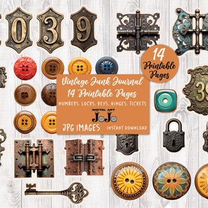 Junk Journal Distressed Numbers, Printable Vintage Embellishments, Old Ephemera, Scrapbooking, Collage, Keys, Locks, Hinge, Digital Download