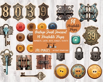 Junk Journal Distressed Numbers, Printable Vintage Embellishments, Old Ephemera, Scrapbooking, Collage, Keys, Locks, Hinge, Digital Download