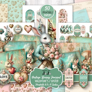 Junk Journal Kit, Ostern Valentinstag Set, Vintage Kaninchen mit Herz Sammelalbum, Hasenliebe Digitale Seiten, Mixed Media, Bastelideen