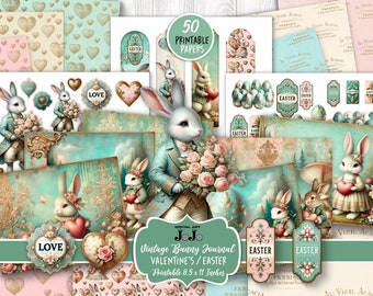 May include: A collection of vintage-style printable papers and ephemera featuring bunny illustrations, hearts, and floral elements. The color palette includes soft pinks, blues, and gold accents. The text on the image reads "Vintage Bunny Journal Valentine's/Easter Printable 8.5 x 11 Inches."