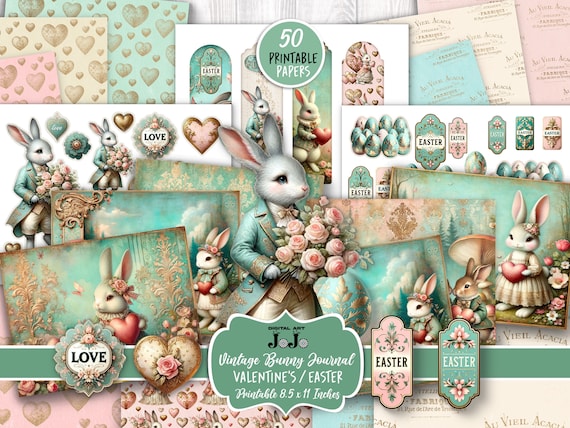 Junk Journal Kit, Easter Valentine's Set, Vintage Rabbit with Heart Scrapbook, Bunny Love Digital Pages, Printable Mixed Media, Craft Ideas