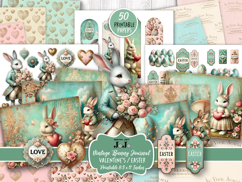 Junk Journal Kit, Printable Valentine's Day, Easter Bunny Love, Hearts Scrapbook Paper, Vintage Rabbit Digital Pages, Mixed Media Download