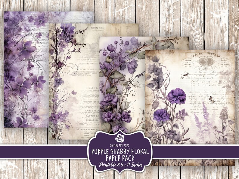 Vintage Purple Floral Digital Pages, Lilac Printable Scrapbook Papers ...