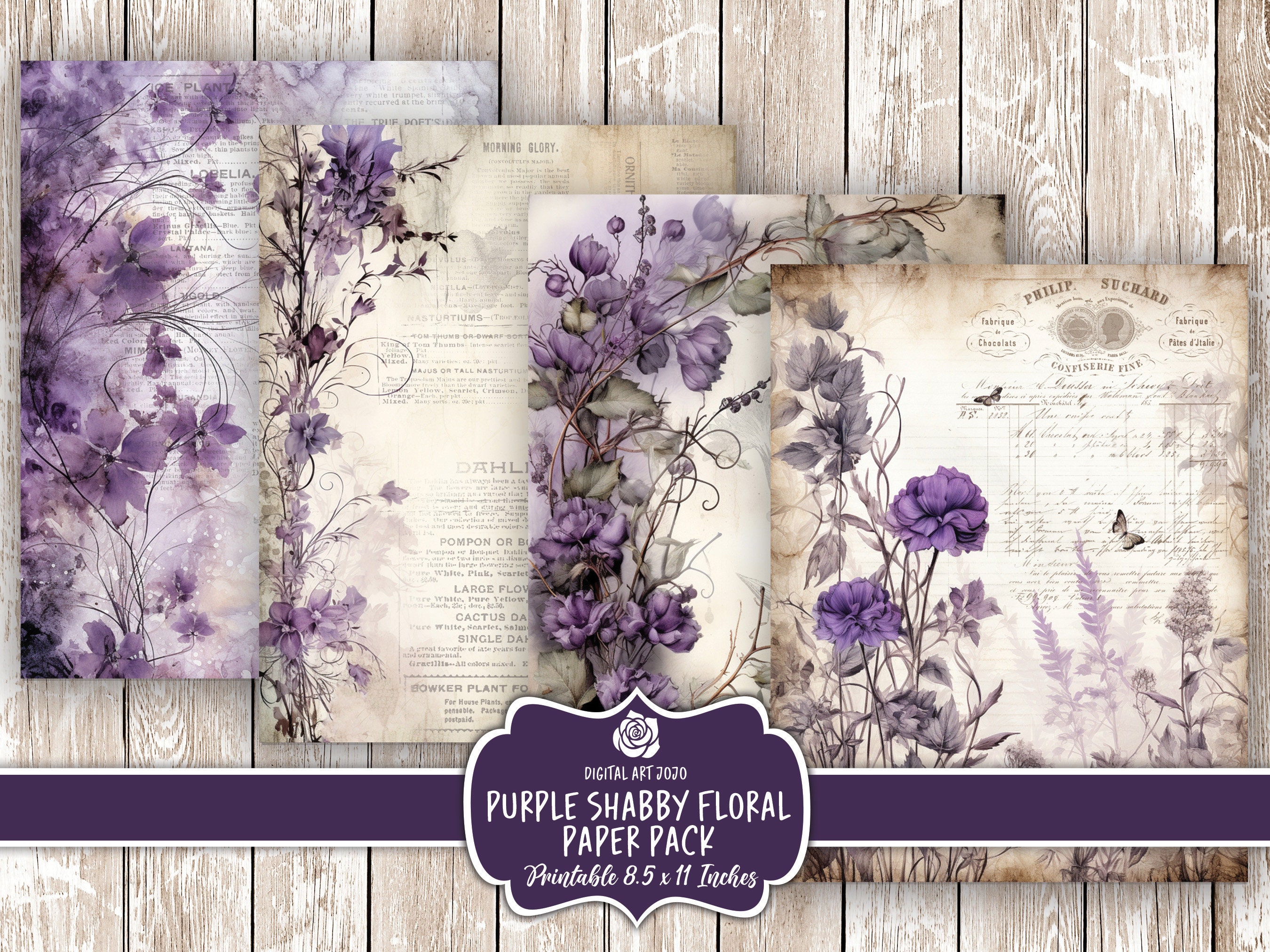 Vintage Purple Floral Digital Pages, Lilac Printable Scrapbook Papers ...