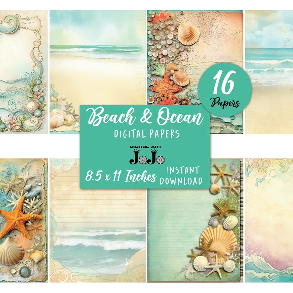 Ocean Junk Journal Papers, Beach Junk Journal Pages, Collage Sheets, Printable Scrapbooking, Instant Download, Waves, Shells, Starfish, Sea,