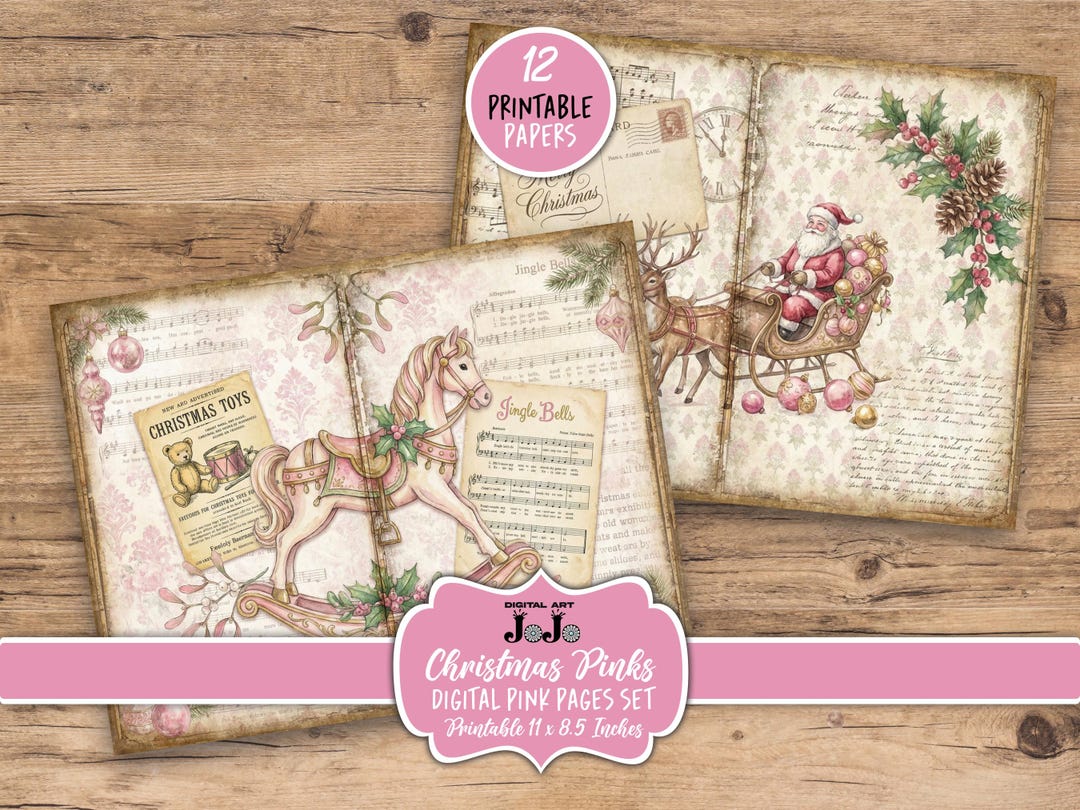 Pink Christmas Junk Journal Papers, Winter Vintage Digital Kit ...