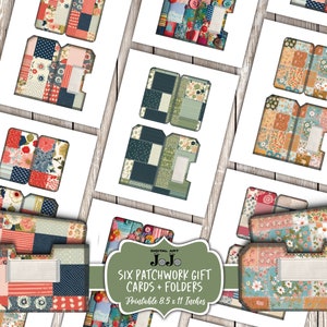 May include: A collection of six patchwork gift cards and folders, each featuring a unique fabric pattern in shades of red, blue, and floral designs. The cards are printed on 8.5 x 11 inch paper. The text "Digital Art JoJo" is visible.