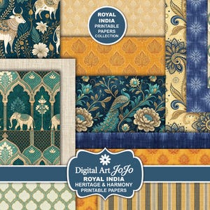 Könnte beinhalten: Eine Sammlung digital gestalteter, bedruckbarer Papiere mit indisch inspirierten Mustern. Die Designs zeigen Pfauen, Elefanten, florale Motive und geometrische Formen in Türkis, Gold und Marineblau. Der Text auf dem Bild lautet "Royal India Printable Papers Collection."
