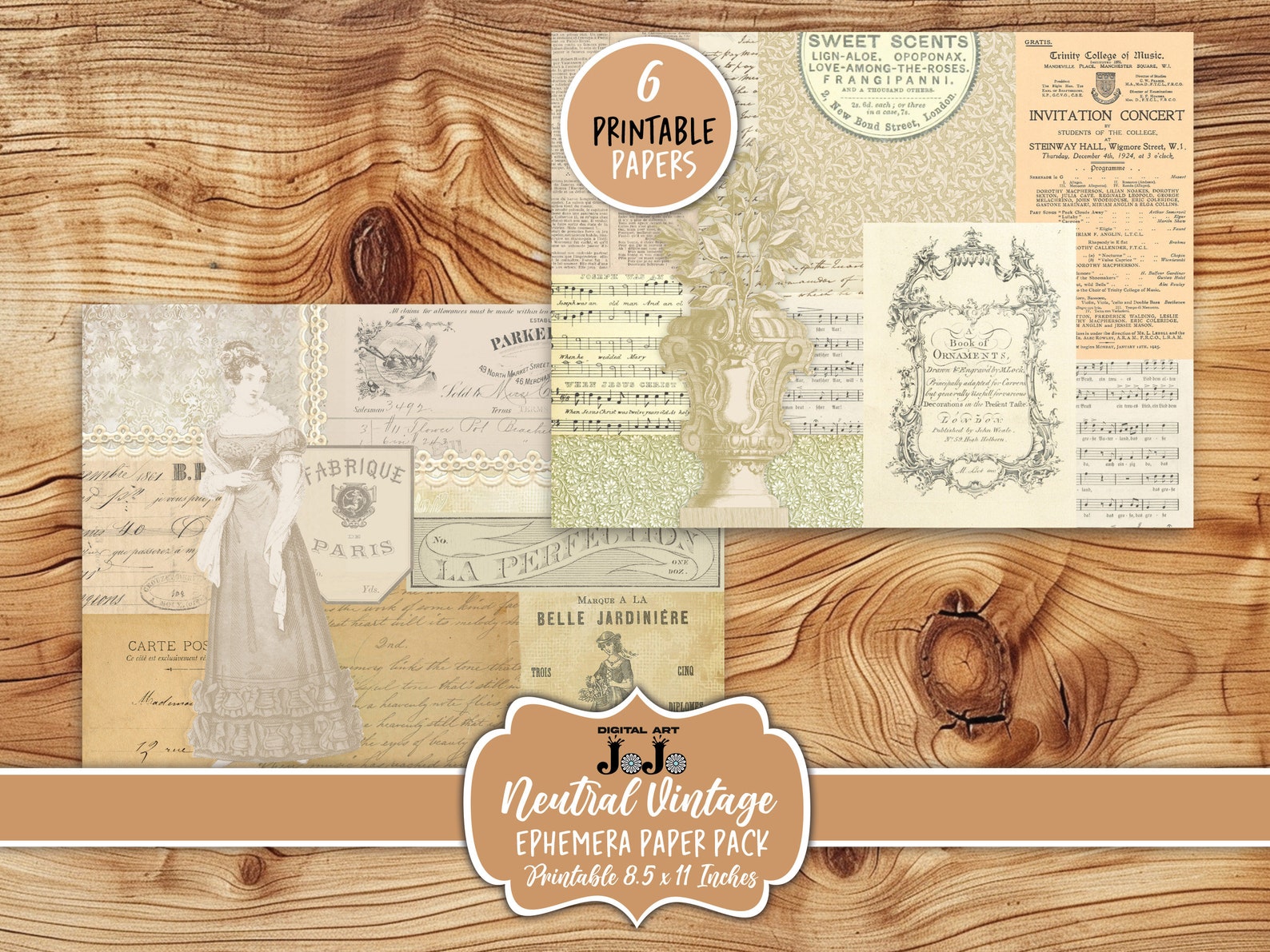 Empherma Script Paper Neutral Junk Journal Papers Kit, Ephemera Script Scrapbook Pages Set ...