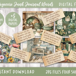 Cottagecore Junk Journal Digital Words, Printable Ephemera Vintage labels, Digital Download Kit, Scrapbook Stickers, Positive Quotes Phrase