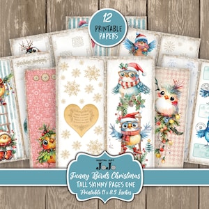 Christmas Junk Journal Tall Skinny Pages, Uccelli divertenti, Album di ritagli stravaganti, Carte vintage, Kit collage, Download digitale, Quirky Printables