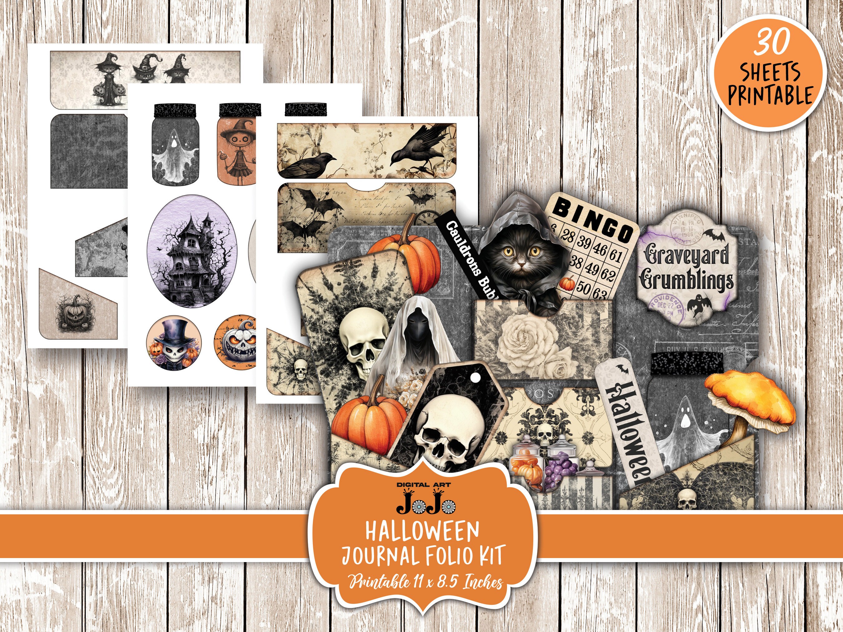 Digital Junk Journal Folio, Halloween Printable Kit, Spooky Vintage ...