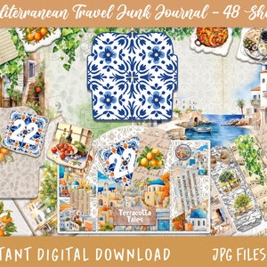 Mediterrane reizen Junk Journal, Junk Journal Digi Kits, Junk Journal Folio Kit downloaden, Crafting Printables, Oceaan, Zee, Koffie, Woorden