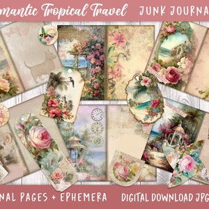 Zestaw dziennika Tropical Travel Junk, papiery do scrapbookingu, zestaw do tworzenia kartek - róże plaże ogrody domy strony tagi koperty cyfrowe pobieranie