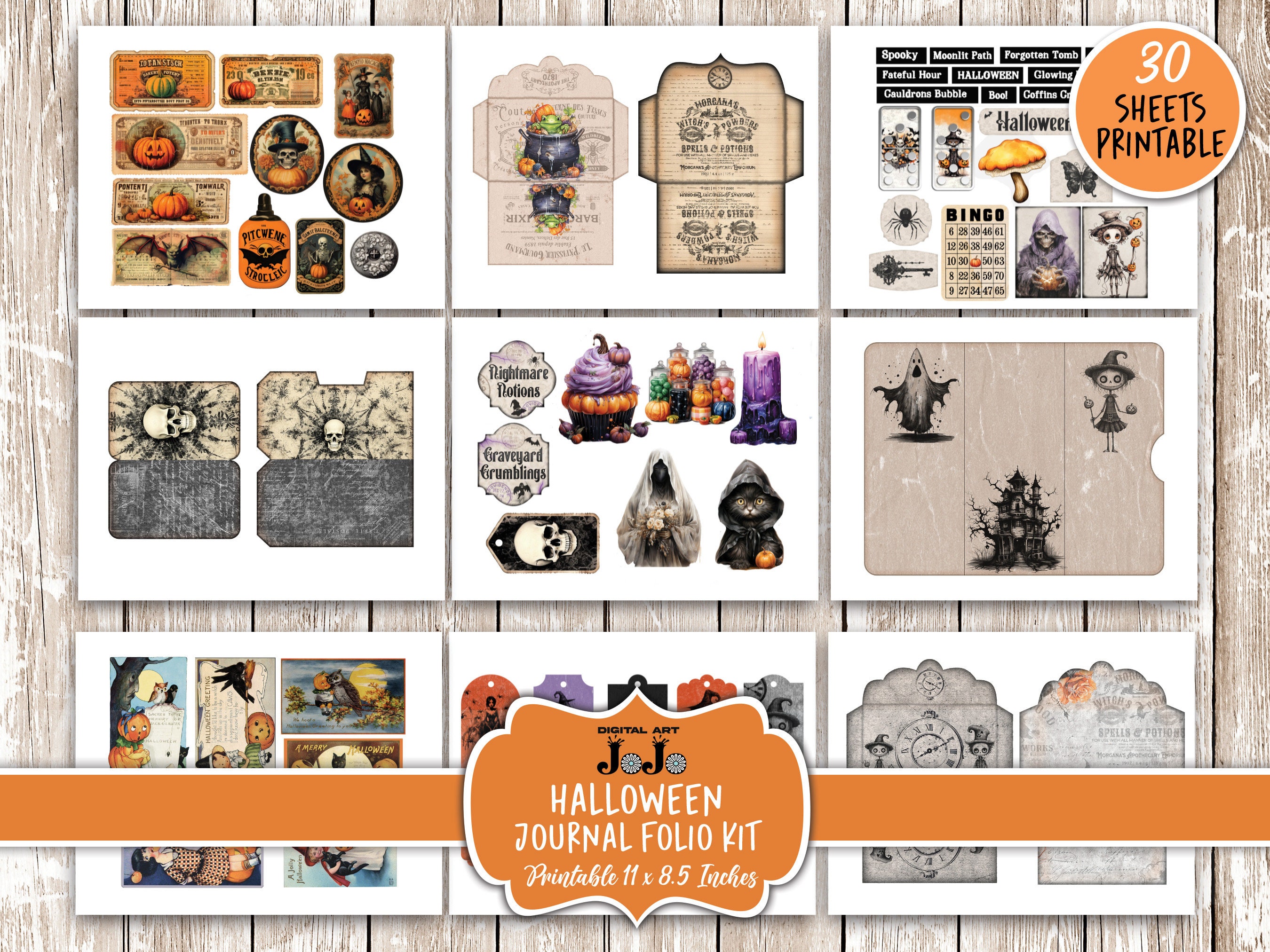 Digital Junk Journal Folio, Halloween Printable Kit, Spooky Vintage ...