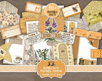 Printable Bee Junk Journal Kit, Vintage Papers, Handmade Pages, Ephemera Pack, Instant Digital Download, Scrapbook Labels Envelopes Tags