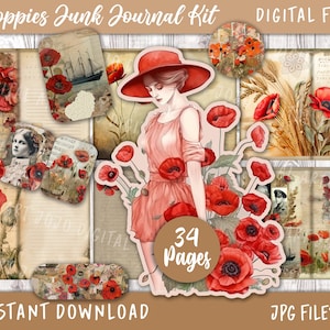 Coquelicots Junk Journal Craft Kit, Pages imprimables, fleurs de coquelicot rouge, vintage botanique, papier numérique, téléchargement éphémère, papiers de scrapbooking,