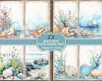 Beach Junk Journal Papers, Ocean Junk Journal Pages, Collage Sheets, Printable Scrapbooking, Instant Download, Waves, Wildflowers, Nature