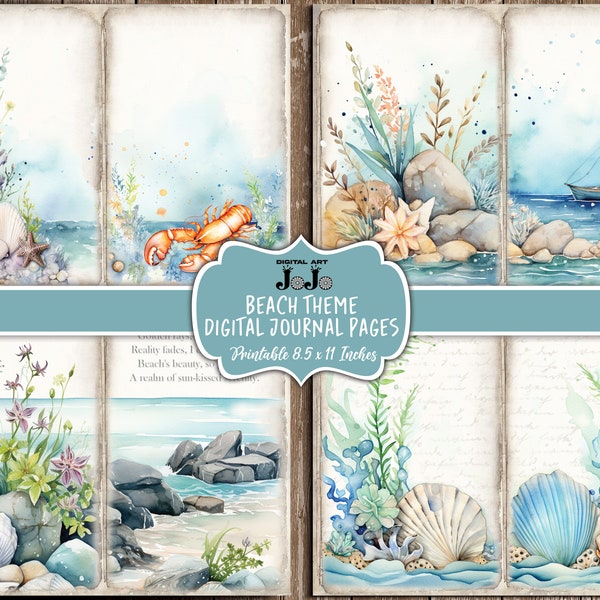 Beach Junk Journal Papers, Ocean Junk Journal Pages, Collage Sheets, Printable Scrapbooking, Instant Download, Waves, Wildflowers, Nature