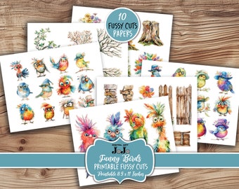 Funny Birds Fussy Cuts Kit, Junk Journal Ephemera, Whimsical Scrapbook Add On Set, Vintage Handmade Crafts, Digital Download, Embellishments