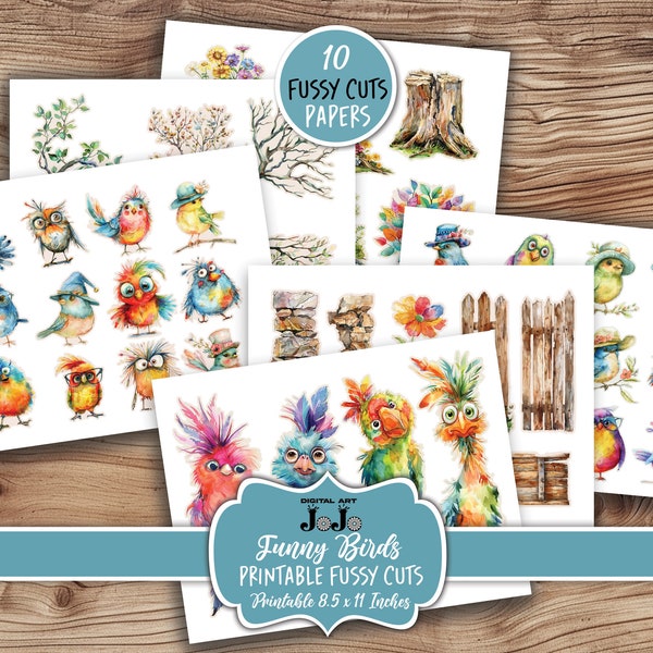 Funny Birds Fussy Cuts Kit, Junk Journal Ephemera, Whimsical Scrapbook Add On Set, Vintage Handmade Crafts, Digital Download, Embellishments