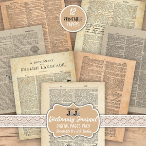 Puede incluir: Una colección de papeles imprimibles de estilo vintage, incluyendo páginas de diccionario, dispuestos sobre una superficie de madera. Los papeles tienen tonos envejecidos y amarillentos y presentan texto de un diccionario inglés. Incluye el texto "12 Printable Papers".