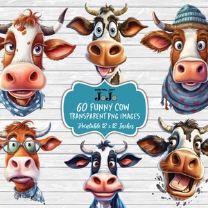 Lustige Kuh Clipart Bundle, kommerzielle Nutzung, urkomische Kuh Charaktere PNG Bild Set, digitale Bauernhof Tier Cartoon Clip Art, druckbare Grafik Art
