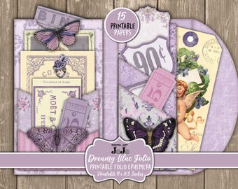 Vintage Lilac Junk Journal Folio, Printable Scrapbook Paper, Digital Download, Ephemera Tags, Light Purple Pockets Pages, Simple Trifold Kit