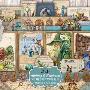 Könnte beinhalten: Ein digitales Collage-Kit mit Fantasy-Thema, das Zauberer, Eulen, Frösche und einen Drachen zeigt. Das Kit enthält Postkarten, Journalkarten und dekorative Elemente. Der Text "Alchemy & Parchment WIZARD JUNK JOURNAL KIT" ist sichtbar.