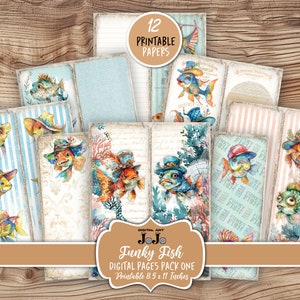Funky Fish Tall And Skinny Junk Journal Pages, Whimsical Scrapbook Vintage Papers, Nature Collage Kit,  Digital Download, Thin Ephemera Set