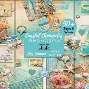 Kit de diario basura de playa, suministros de diario basura del océano, efímera de diario basura imprimible, descarga digital, papeles, folio, bolsillos, sobres