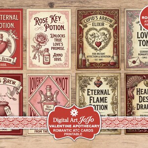 Etiquetas imprimibles de boticario romántico vintage, elixir de poción de amor, kit de diario basura de San Valentín, collage victoriano para álbum de recortes.