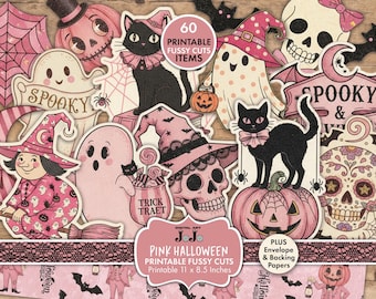 Pink Halloween Fussy Cuts – Conjunto de itens retrô imprimíveis para diários, scrapbooking e colagens | Download digital instantâneo (PDF)